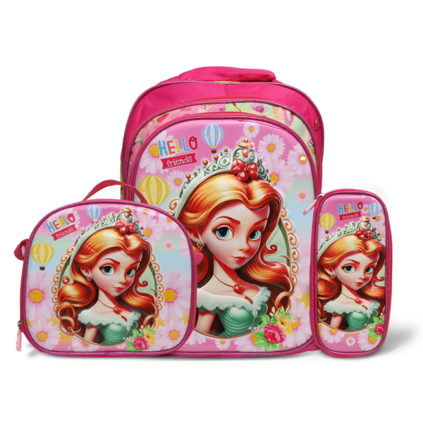 Kit Mochila Infantil 3 pçs Com Lancheira e Estojo Desenho 3D PRINCESA RUIVA