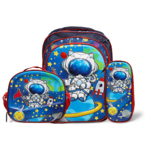 Kit Mochila Infantil 3 pçs Com Lancheira e Estojo Desenho 3D ASTRONAUTA