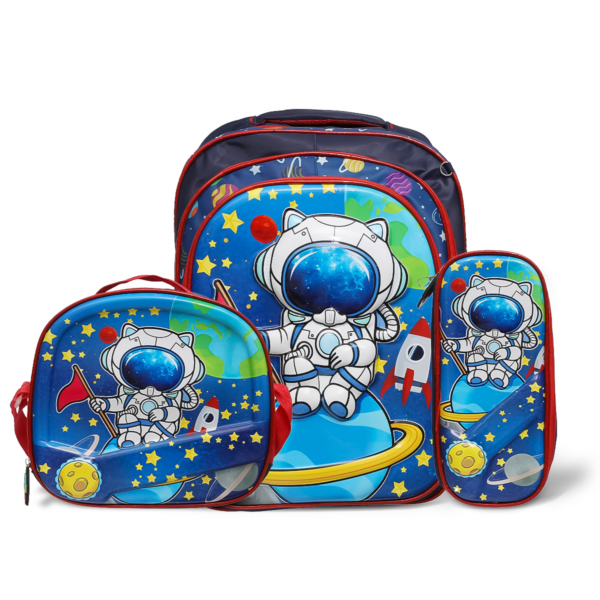 Kit Mochila Infantil 3 pçs Com Lancheira e Estojo Desenho 3D ASTRONAUTA