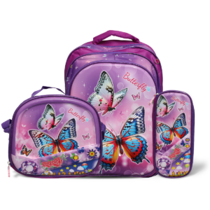Kit Mochila Infantil 3 pçs Com Lancheira e Estojo Desenho 3D BORBOLETAS