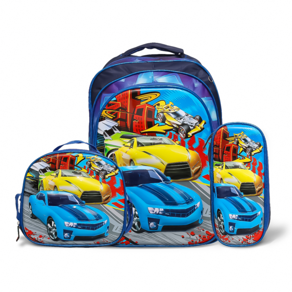 Kit Mochila Infantil 3 pçs Com Lancheira e Estojo Desenho 3D CARRO