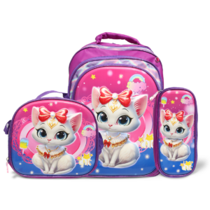 Kit Mochila Infantil 3 pçs Com Lancheira e Estojo Desenho 3D GATINHA