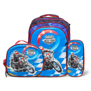 Kit Mochila Infantil 3 pçs Com Lancheira e Estojo Desenho 3D MOTO