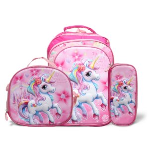 Kit Mochila Infantil 3 pçs Com Lancheira e Estojo Desenho 3D UNICÓRNIO ENCANTADO
