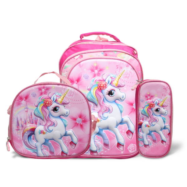 Kit Mochila Infantil 3 pçs Com Lancheira e Estojo Desenho 3D UNICÓRNIO ENCANTADO