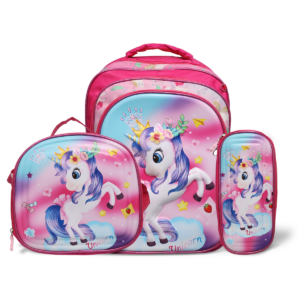 Kit Mochila Infantil 3 pçs Com Lancheira e Estojo Desenho 3D UNICÓRNIO MÁGICO